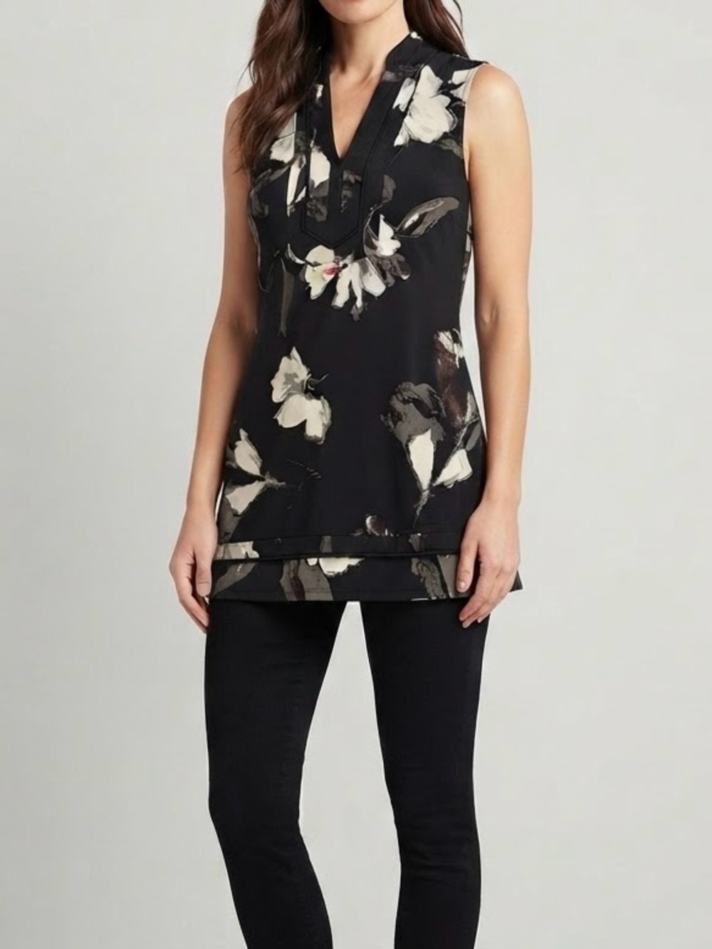 White House Black Market Black & Gray Floral Sleeveless Tunic Top Size XS